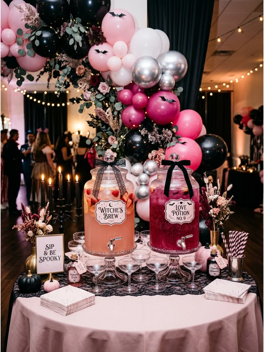 A pink potion drink station with glass dispensers and spooky labels.