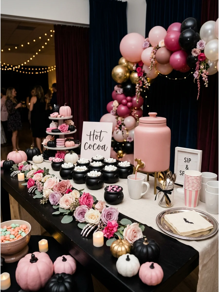 A pink hot chocolate bar with toppings in small cauldrons.