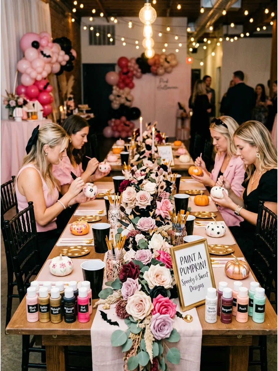 Guests painting small pumpkins with pink and metallic paint.