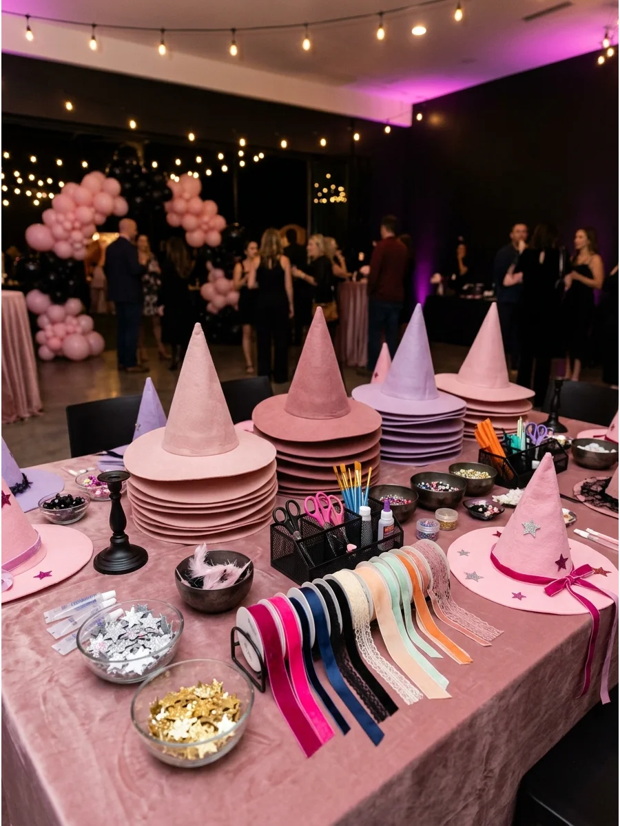 A craft station for decorating pink witch hats with ribbons.