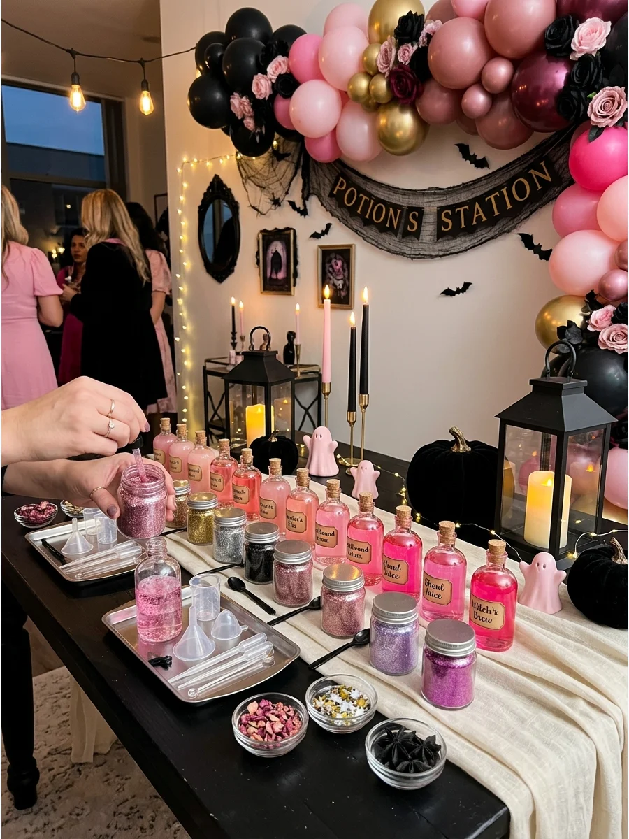 An interactive station for mixing pink decorative potions.