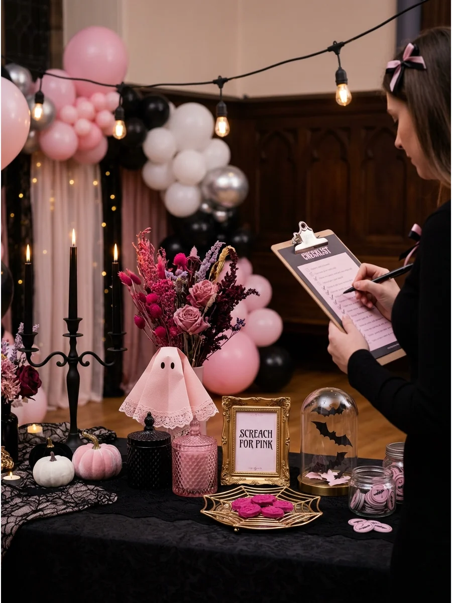 A scavenger hunt featuring hidden pink paper ghosts.