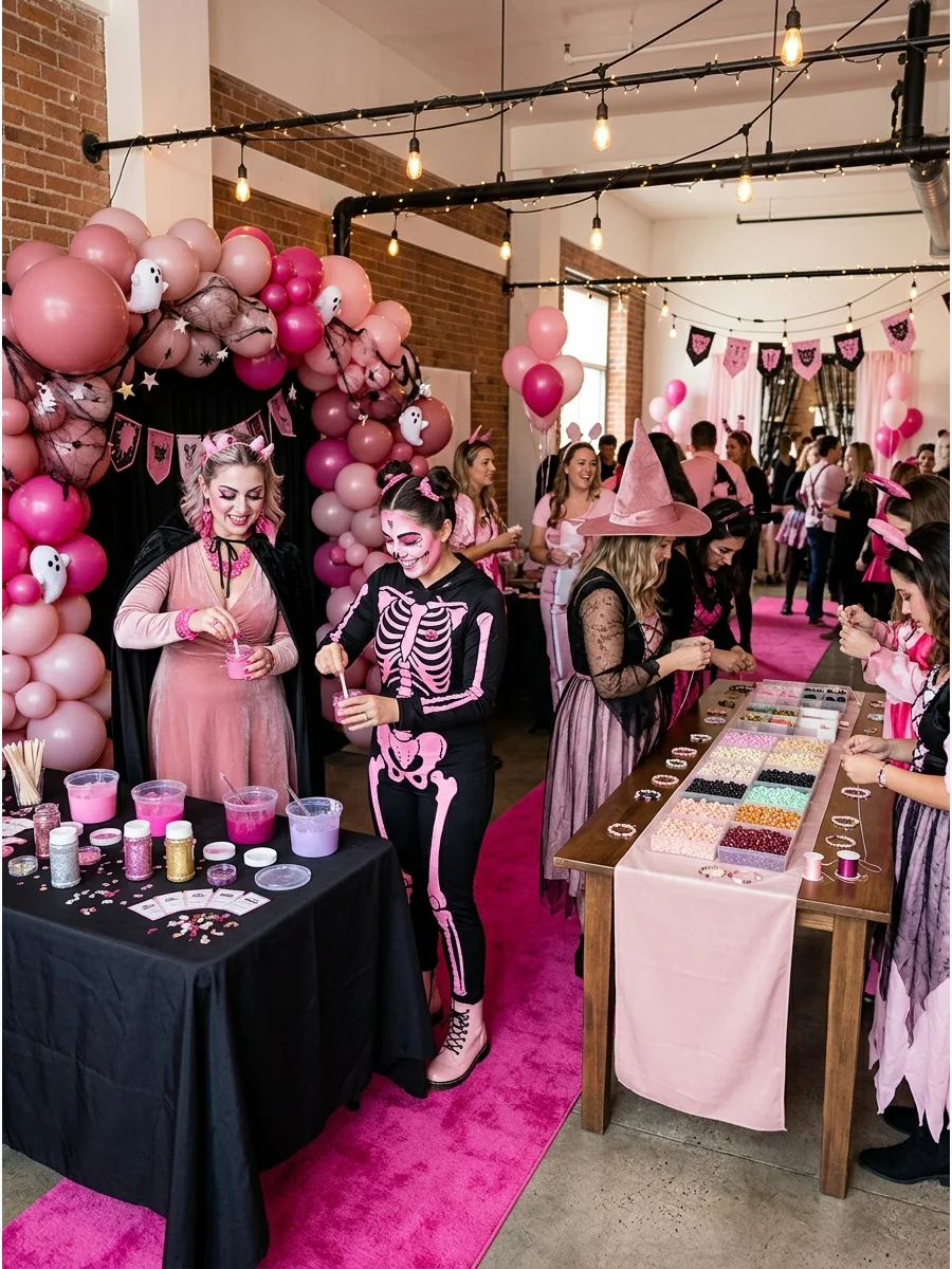 Guests participating in a pink-themed Halloween costume contest.