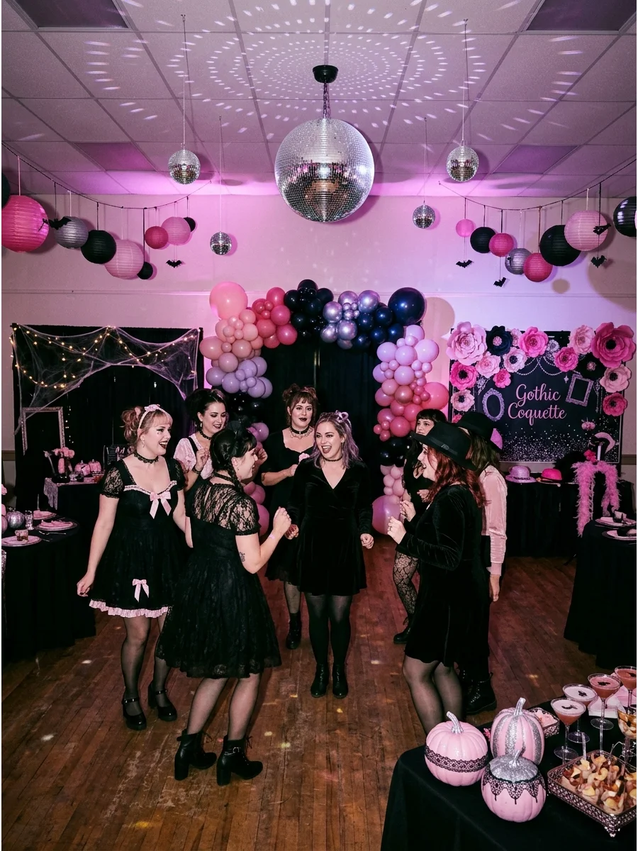 A lively pink disco dance floor at a Halloween party.