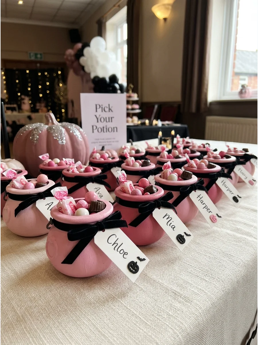Small pink cauldrons filled with party favors and tied with ribbons.