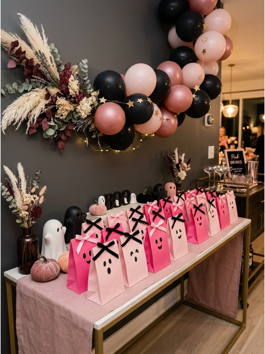 Pink paper favor bags decorated with ghost faces.