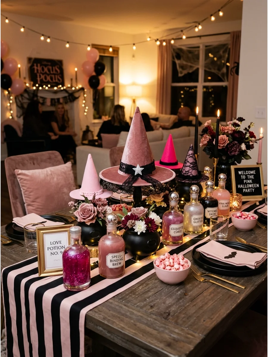 Whimsical pink witch hats and potion bottles on a rustic table.