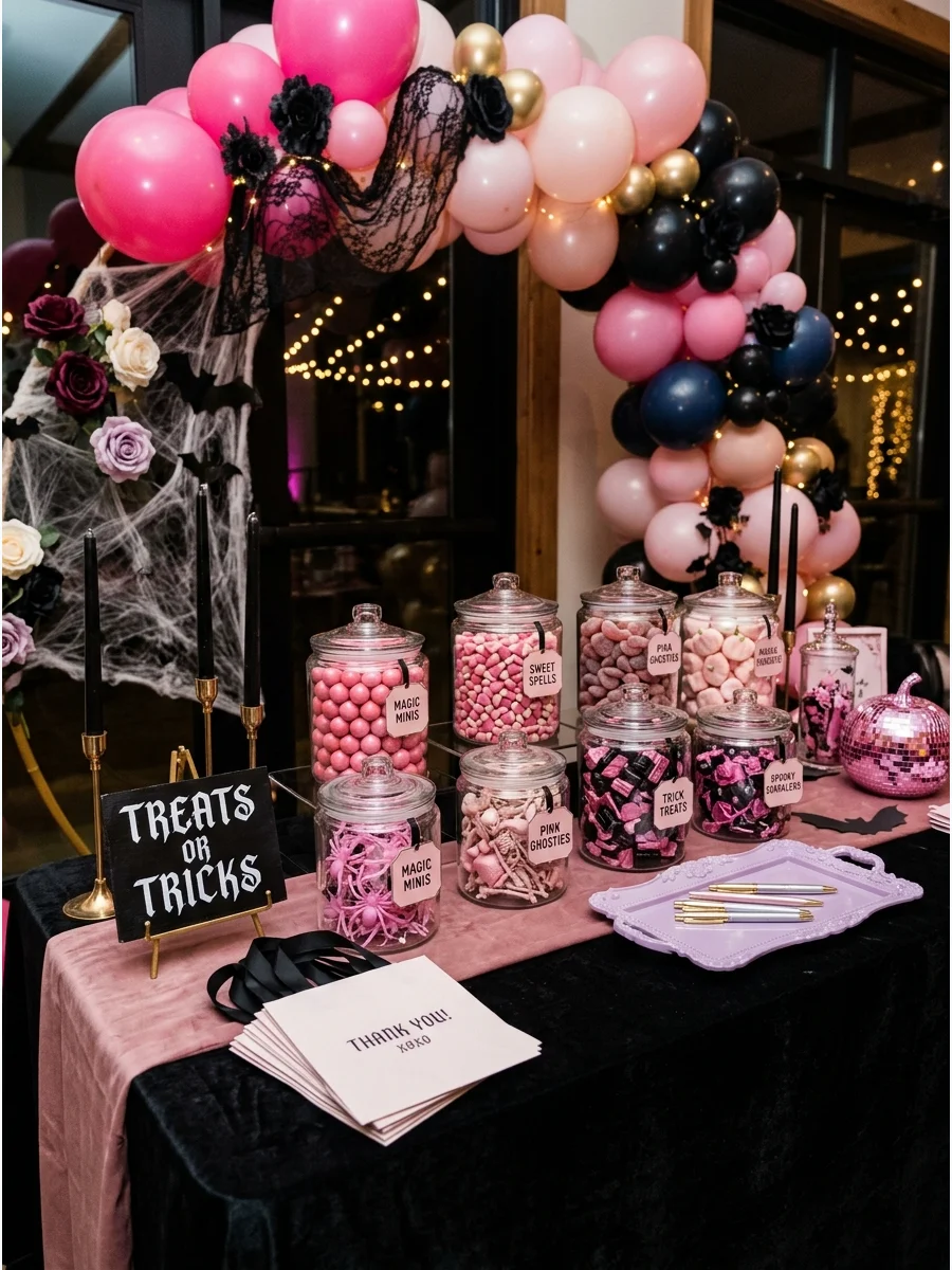 A build-your-own favor station with pink candy and small toys.