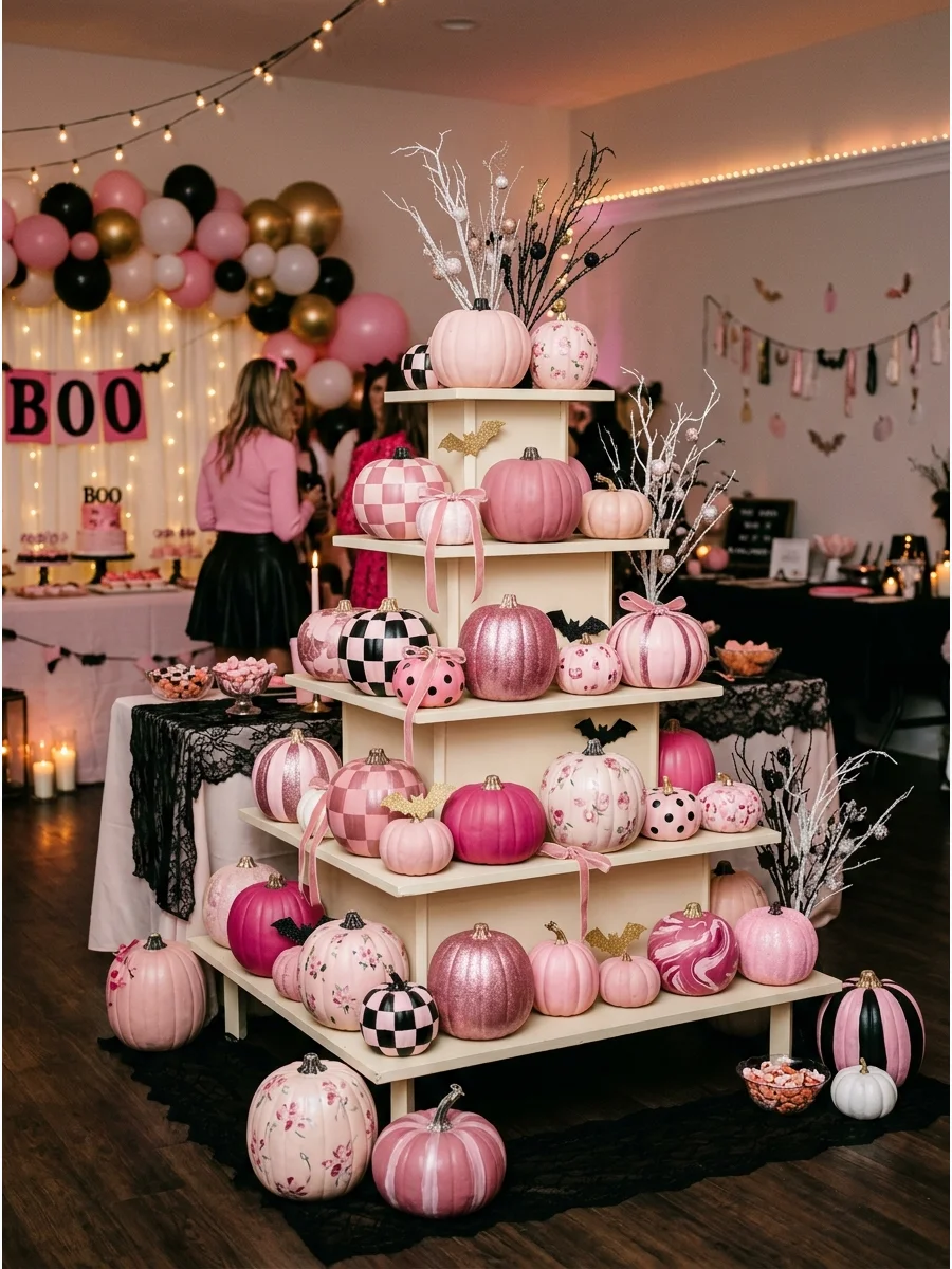 A collection of pink painted pumpkins with different patterns on display.