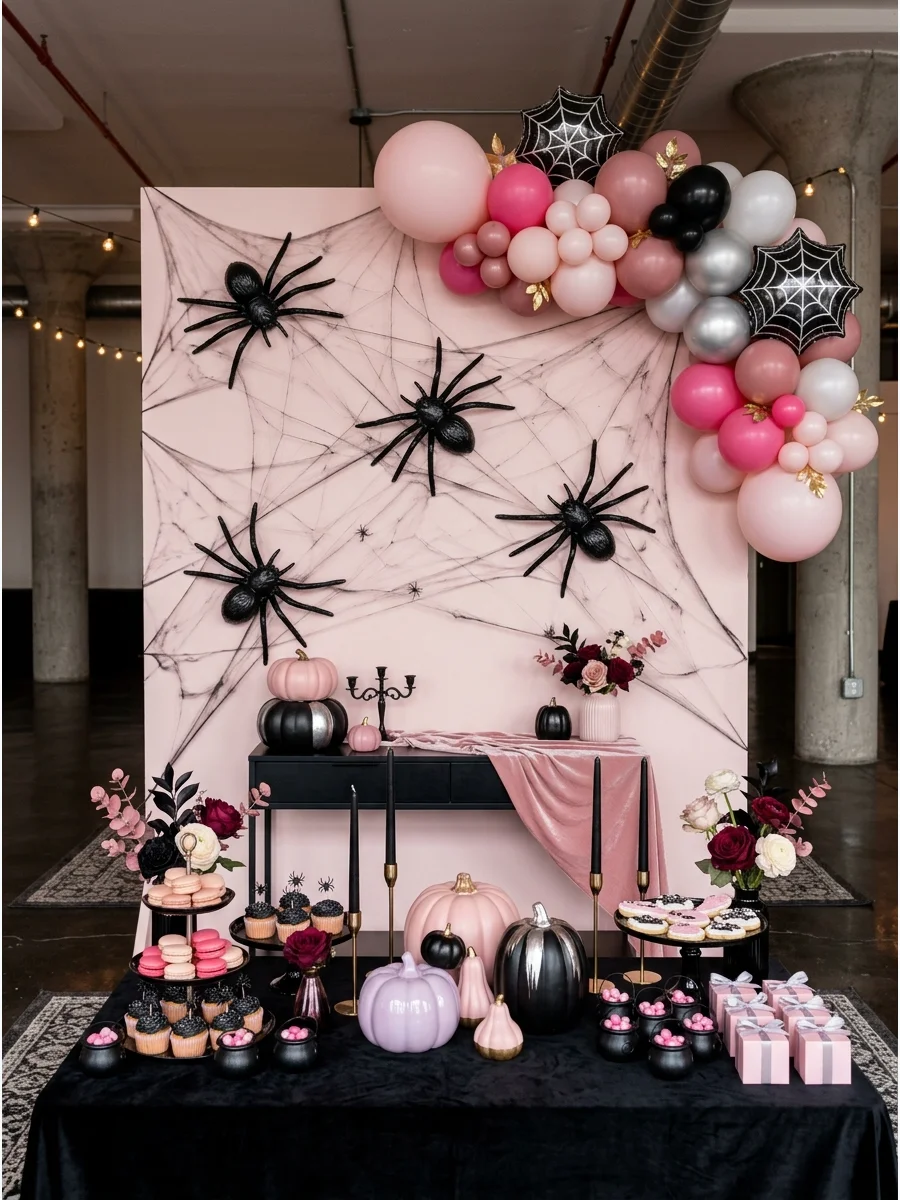 Black spiderwebs stretched across a bright pink wall with large spiders.