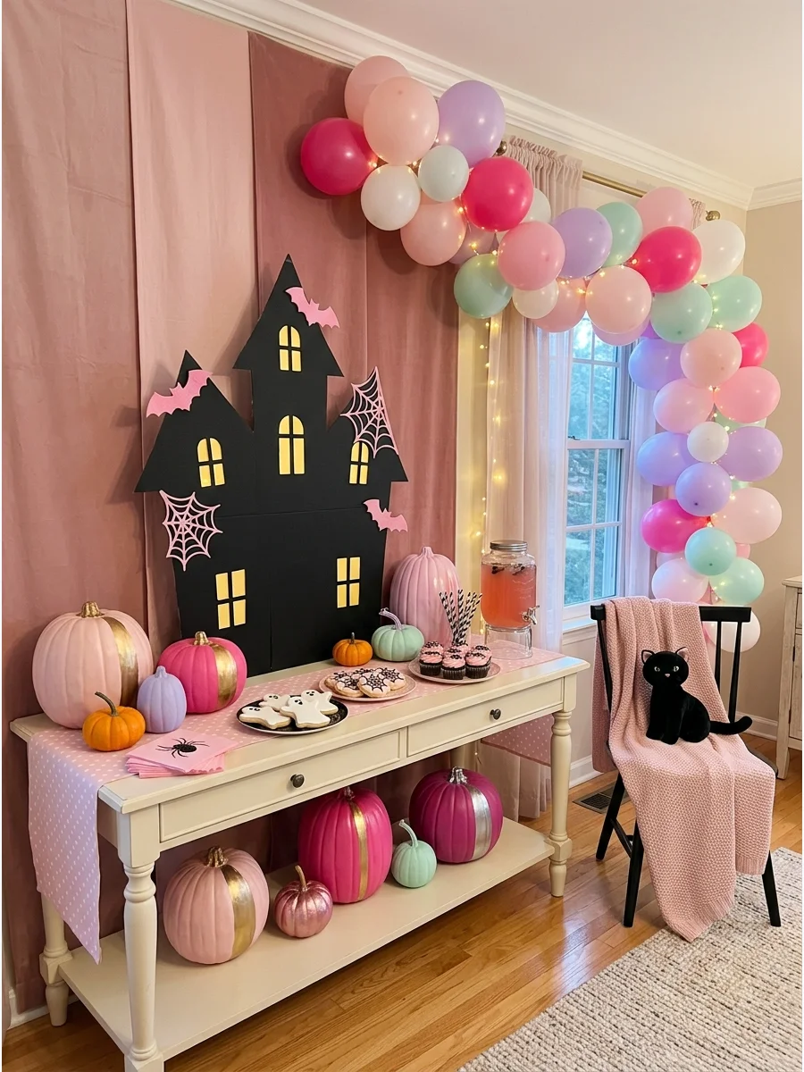 A black haunted house silhouette displayed against a pink background.