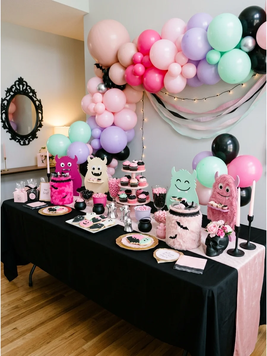 Fun pink monster-themed decorations with googly eyes and fur.