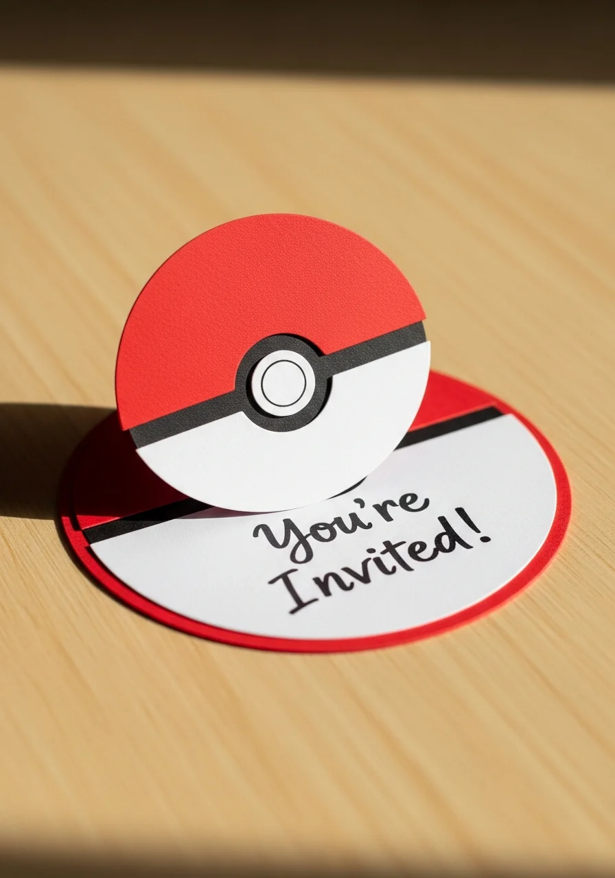A handmade circular Poke Ball invitation made of cardstock showing party details.