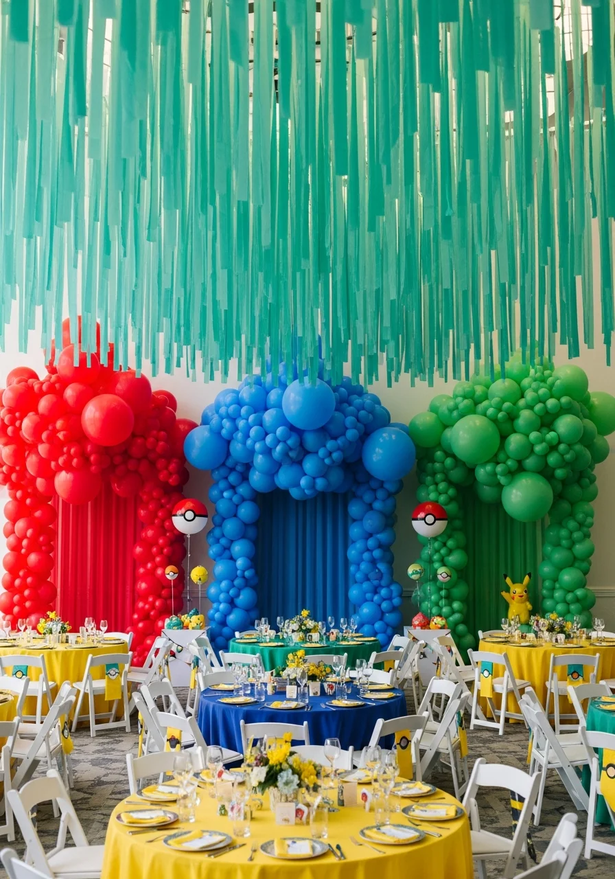 A party room divided into red, blue, and green sections with matching balloons and streamers.