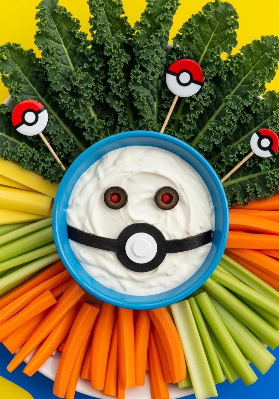 A blue bowl of dip decorated to look like a Pokemon character surrounded by fresh vegetables.