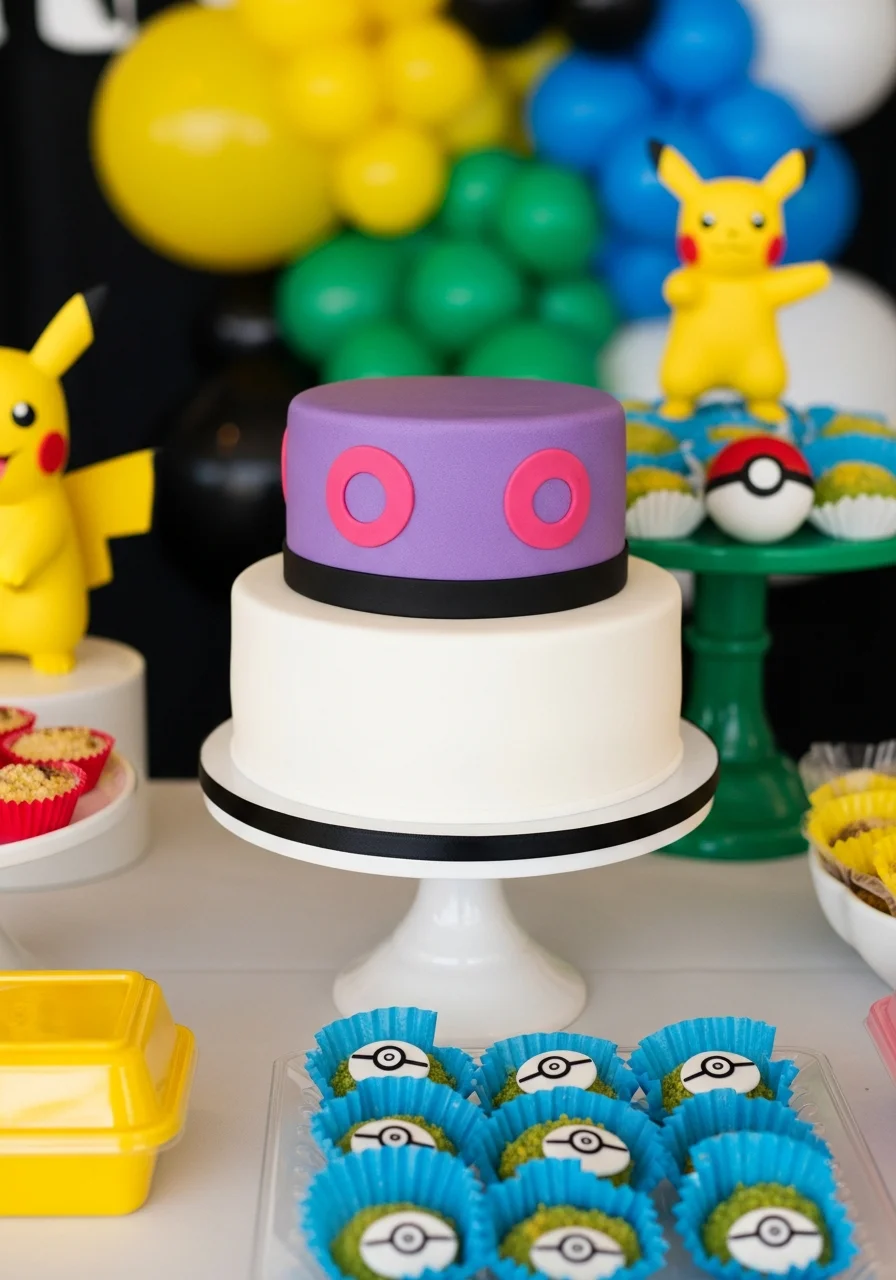 A two-tier purple and white cake decorated with simple geometric shapes.
