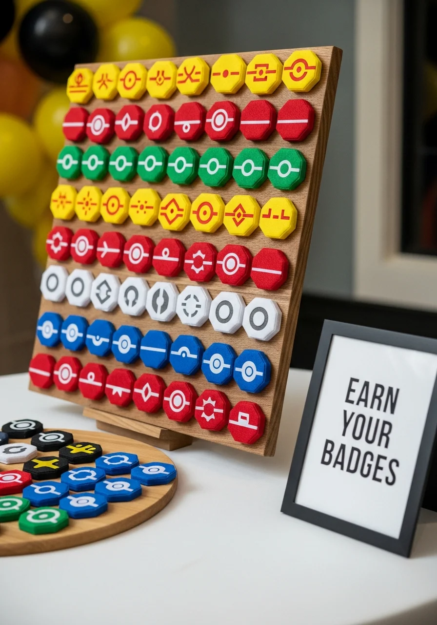 A display board featuring various colorful felt shapes used as party favors.