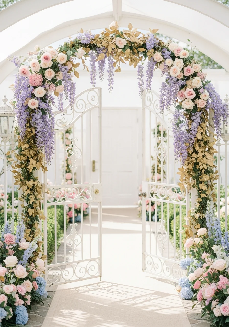 A white garden gate decorated with pink and lavender flowers and gold ivy.