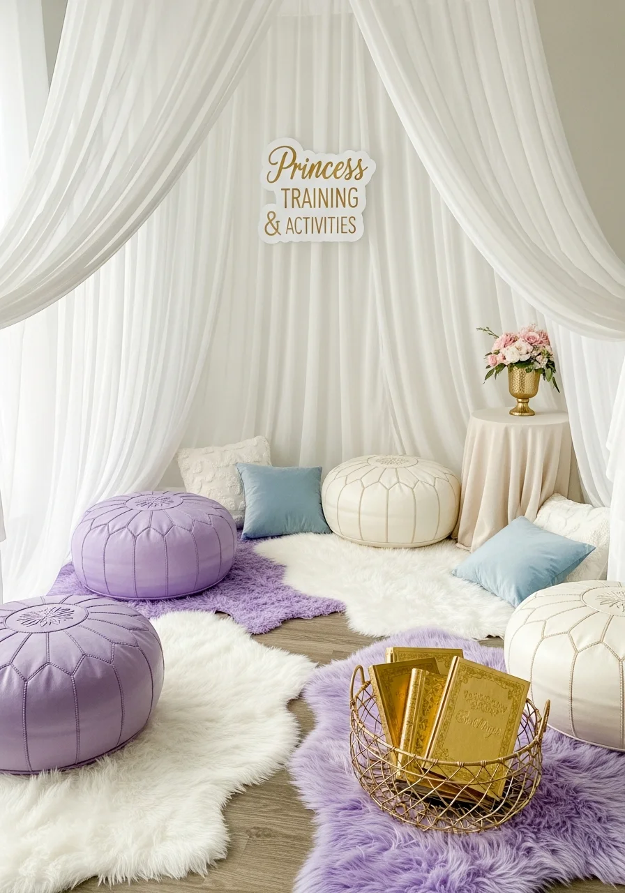 A cozy reading nook with a white canopy and soft floor cushions.