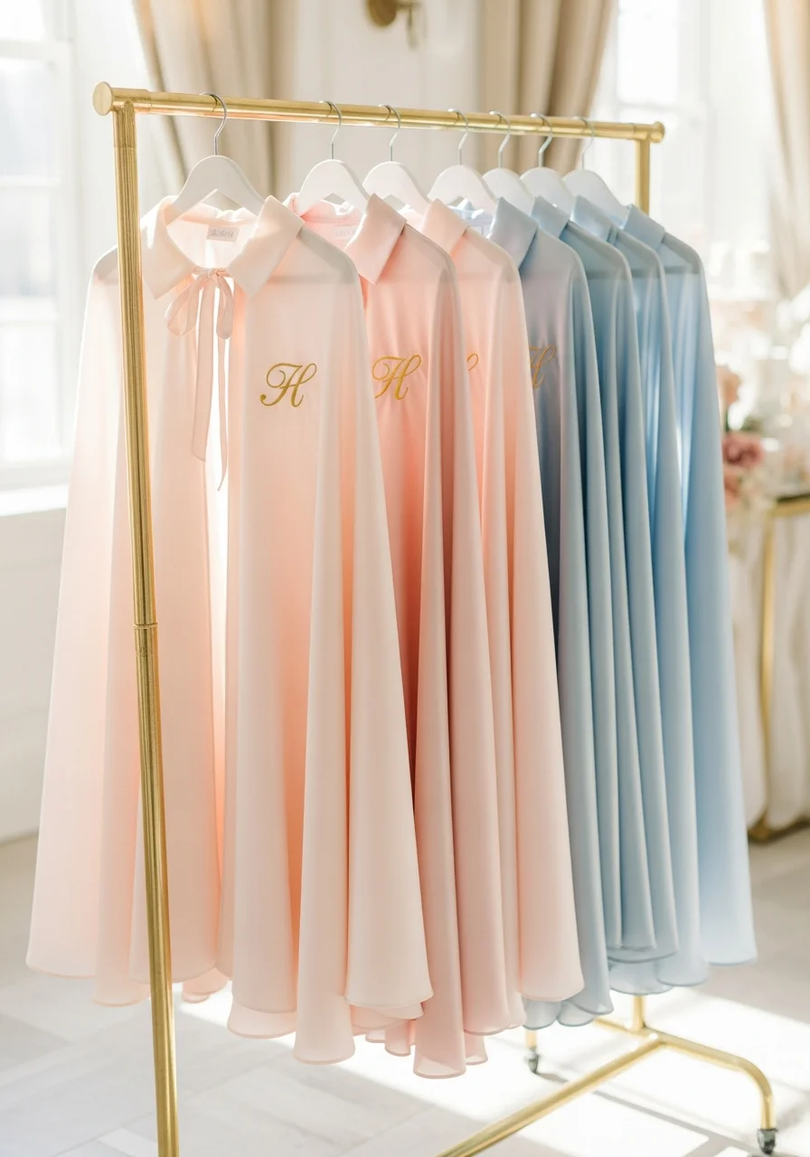 Silk capes in pink and blue hanging on a gold rack.