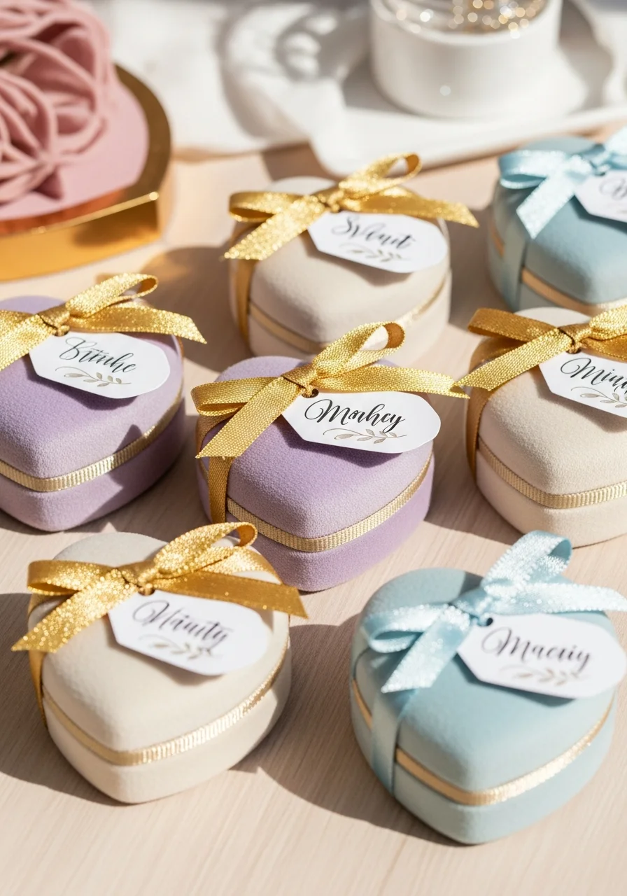 Heart-shaped velvet boxes with gold ribbons and name tags.