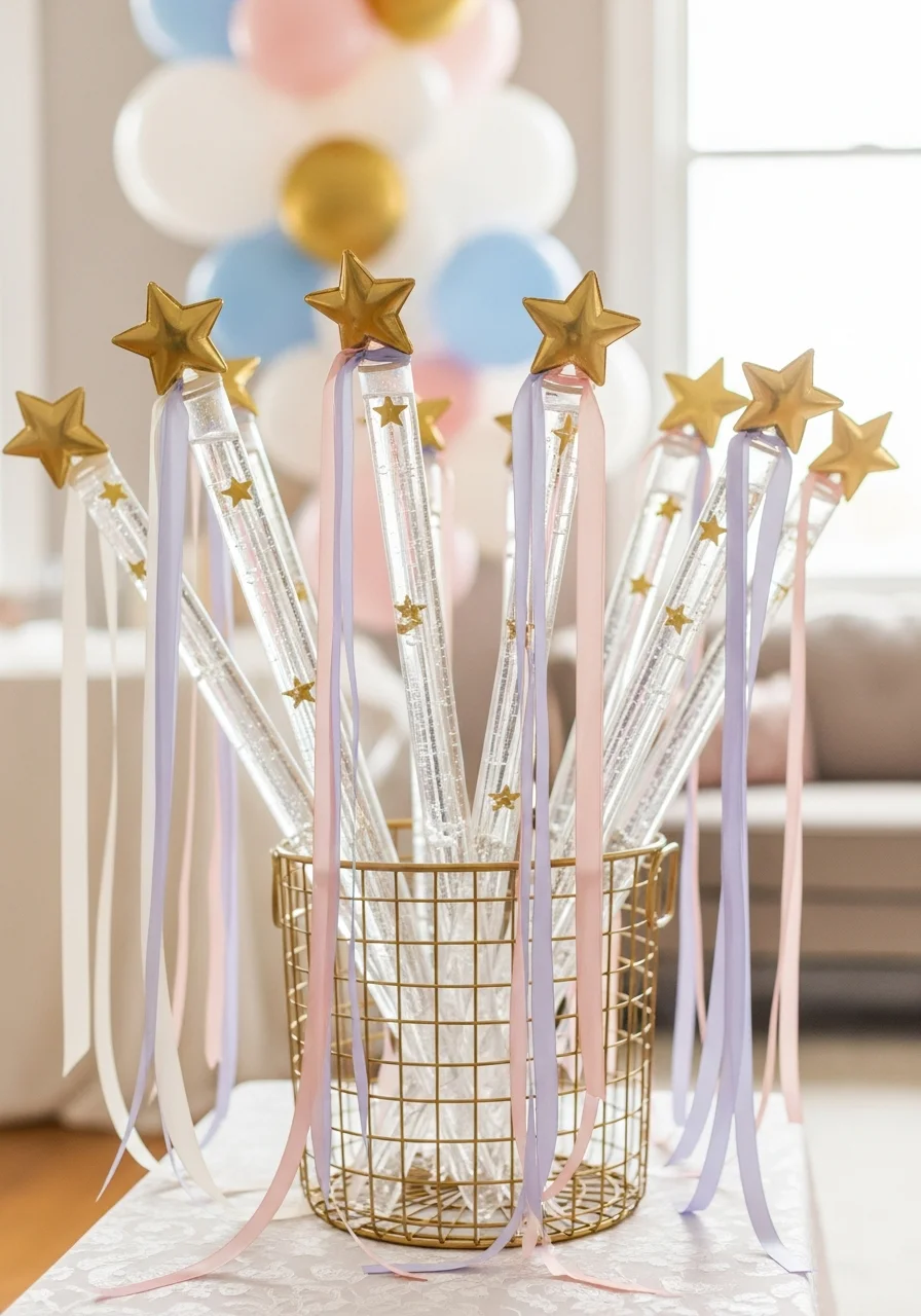Clear bubble wands with gold stars and trailing ribbons.