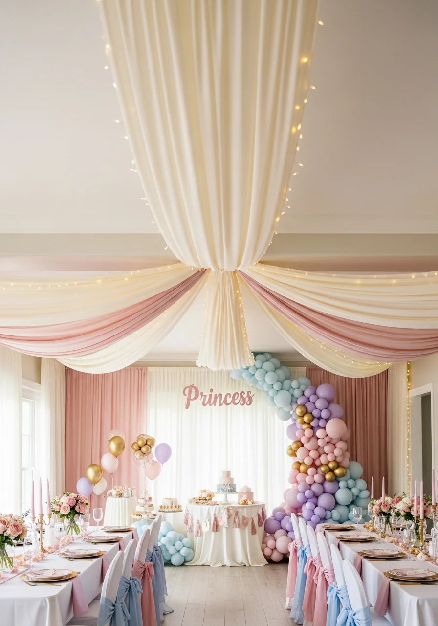 A room with cream and pink fabric draped across the ceiling with small lights.