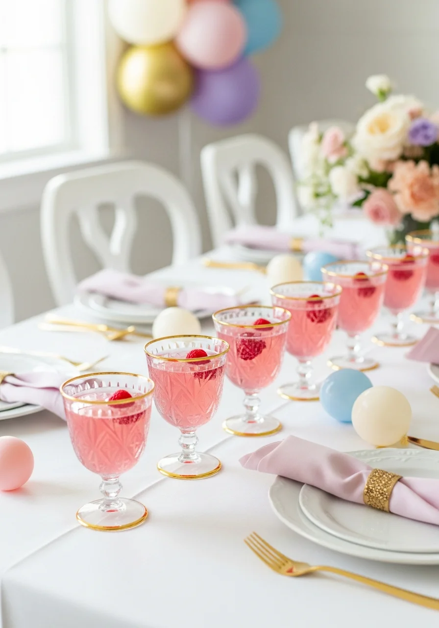 Glass goblets with gold rims filled with pink lemonade.