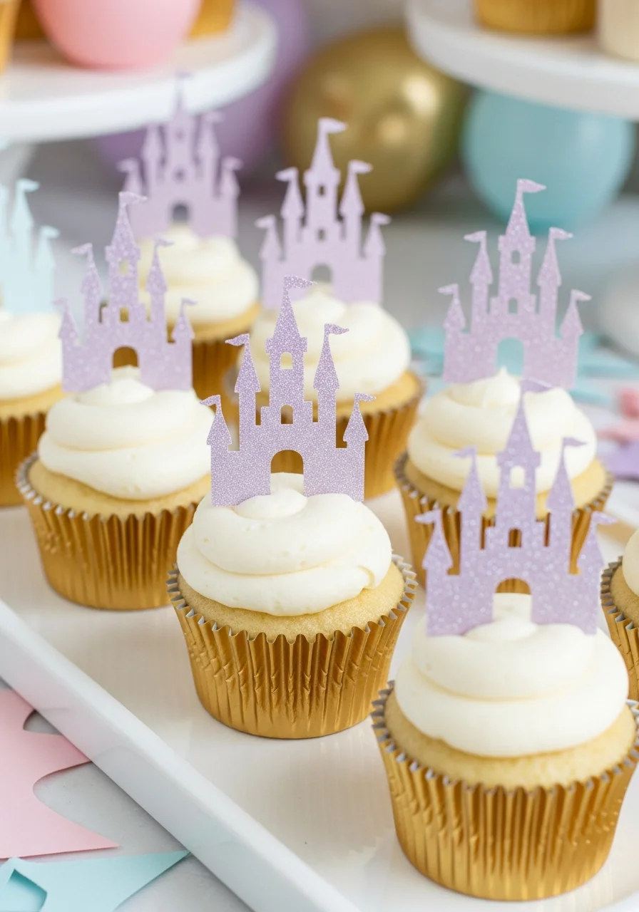 Vanilla cupcakes with gold liners and purple glitter castle toppers.