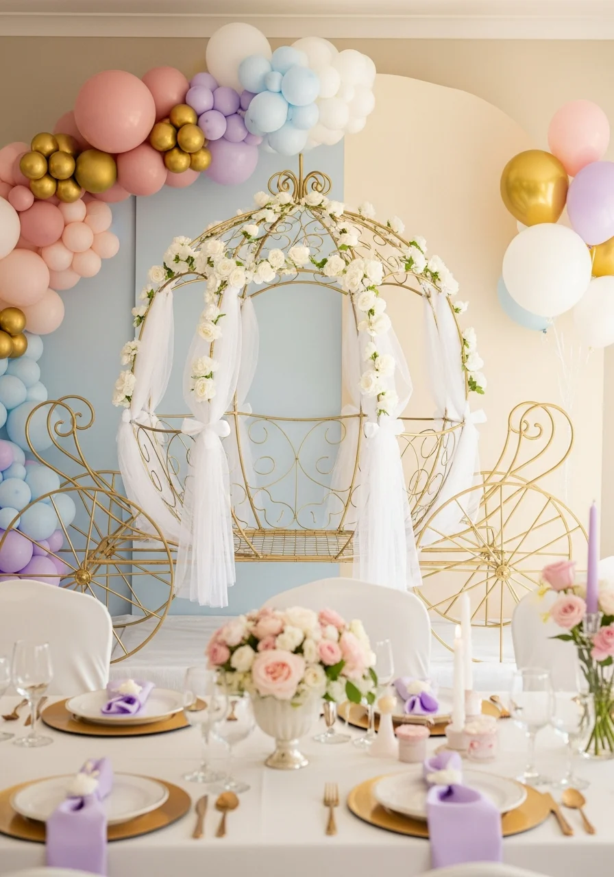 A gold wireframe carriage decorated with white fabric and flowers for a photo backdrop.