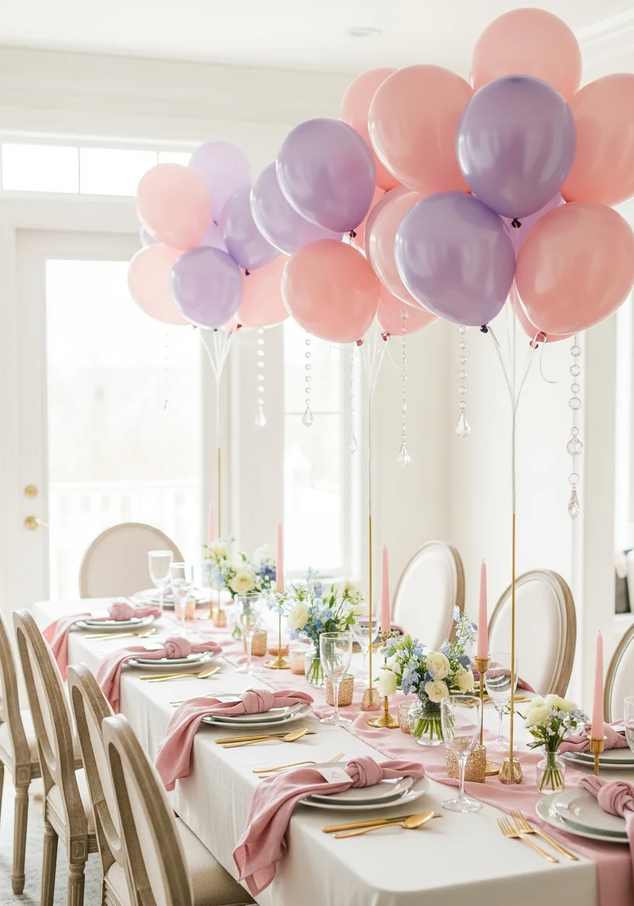 Pearlized pink and lavender balloons floating above a decorated dining table.