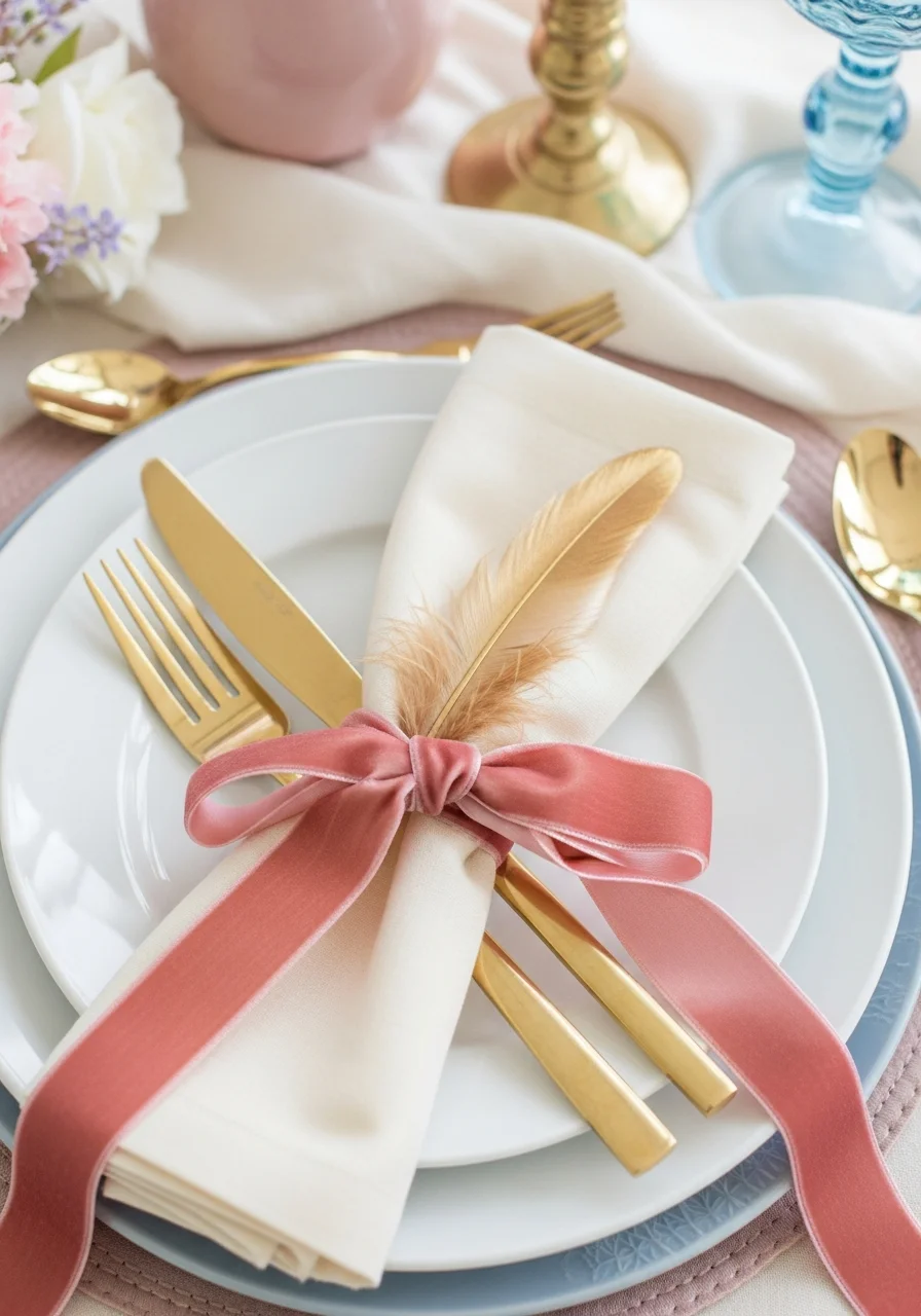 A cream napkin tied with a rose velvet ribbon and a gold feather.
