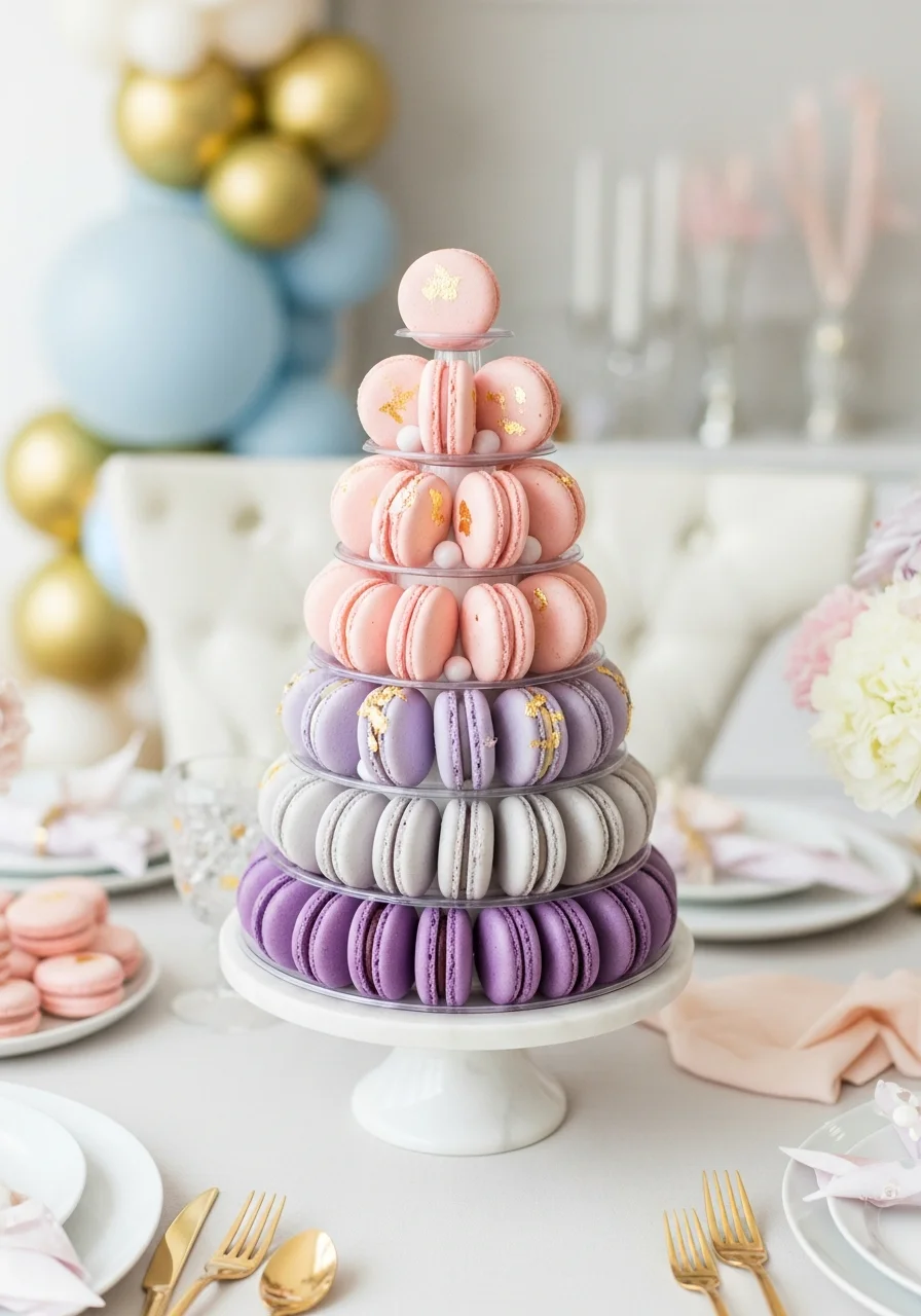 A tower of pink and purple macarons with gold leaf accents.