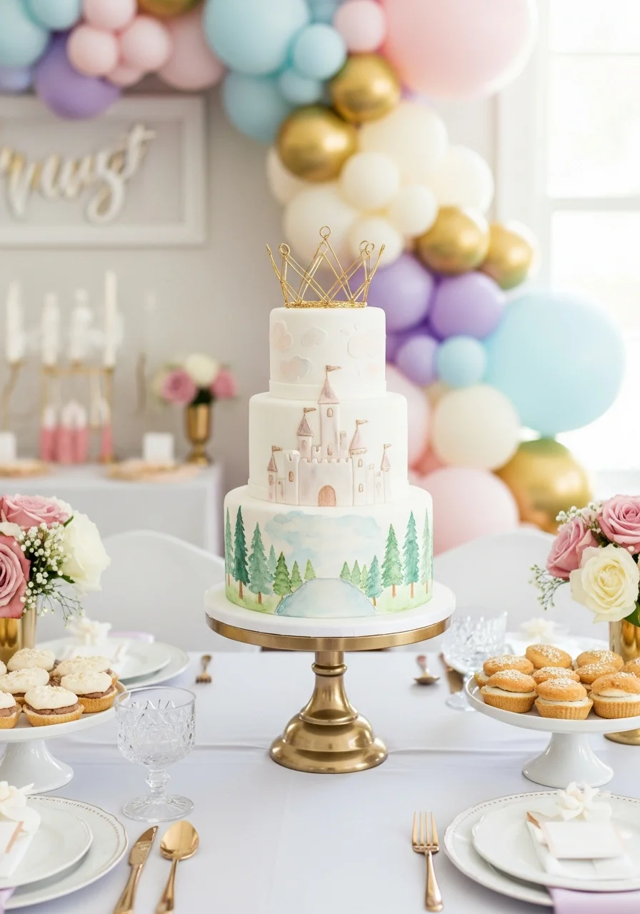 A white tiered cake with hand-painted pastel forest scenes and a gold crown topper.