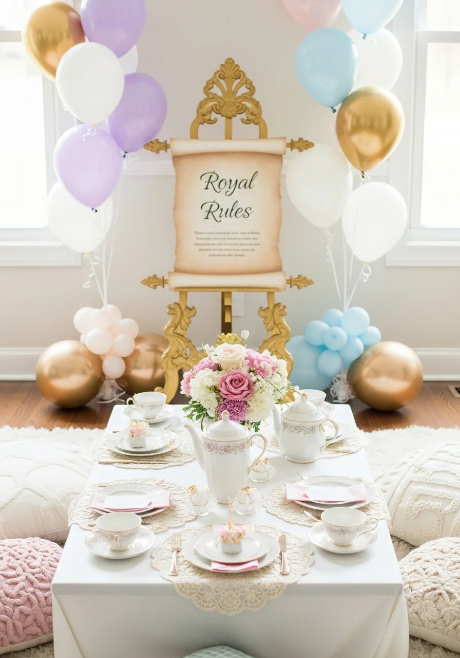 A children's tea party station with porcelain cups and a scroll on an easel.