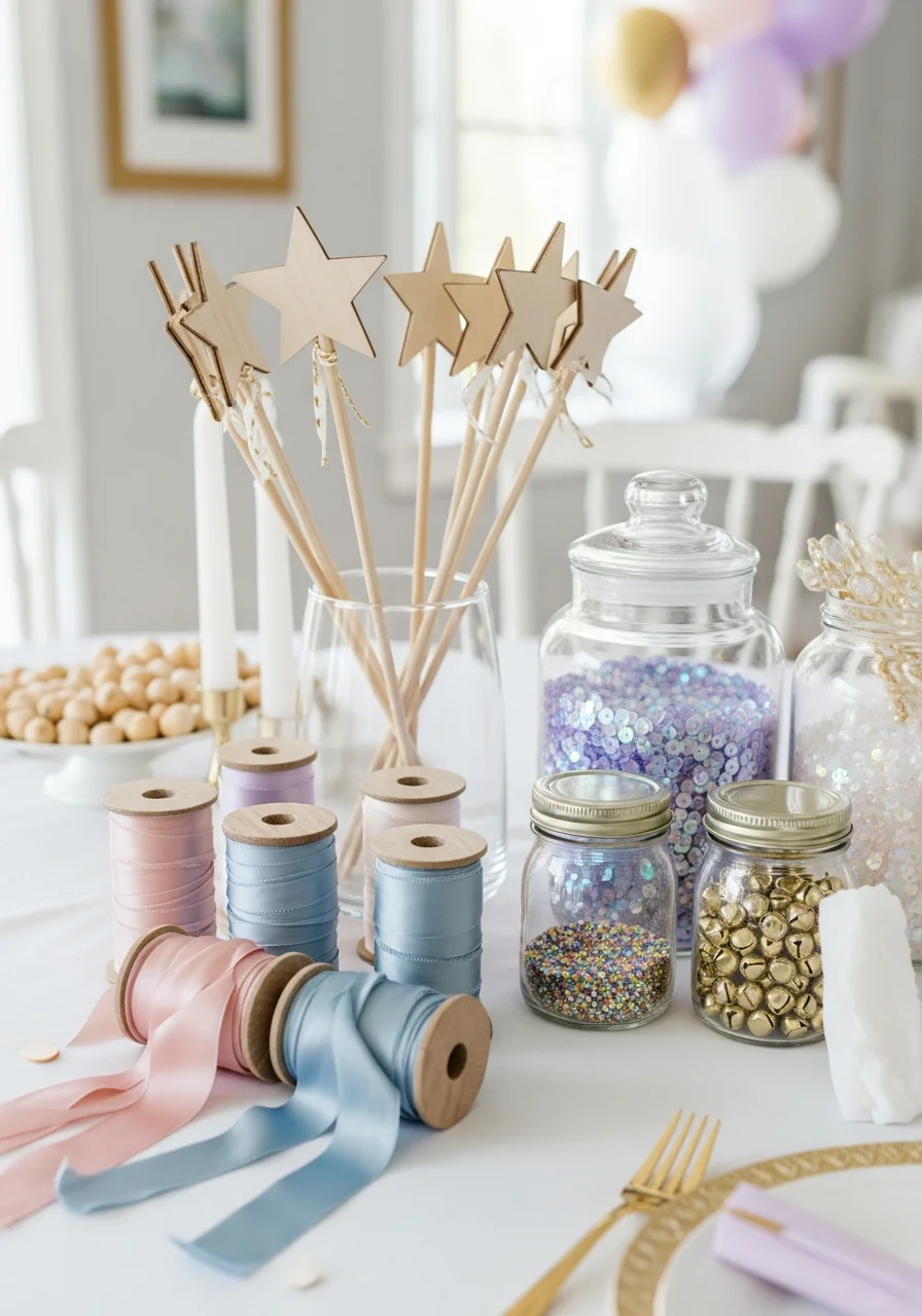 A craft station with wooden wands and silk ribbons for a DIY activity.