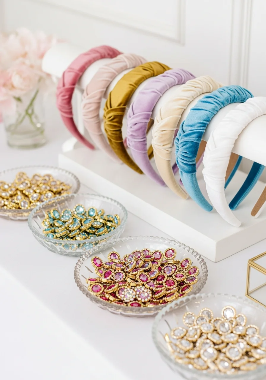 A headband decorating station with velvet bands and colorful gems.