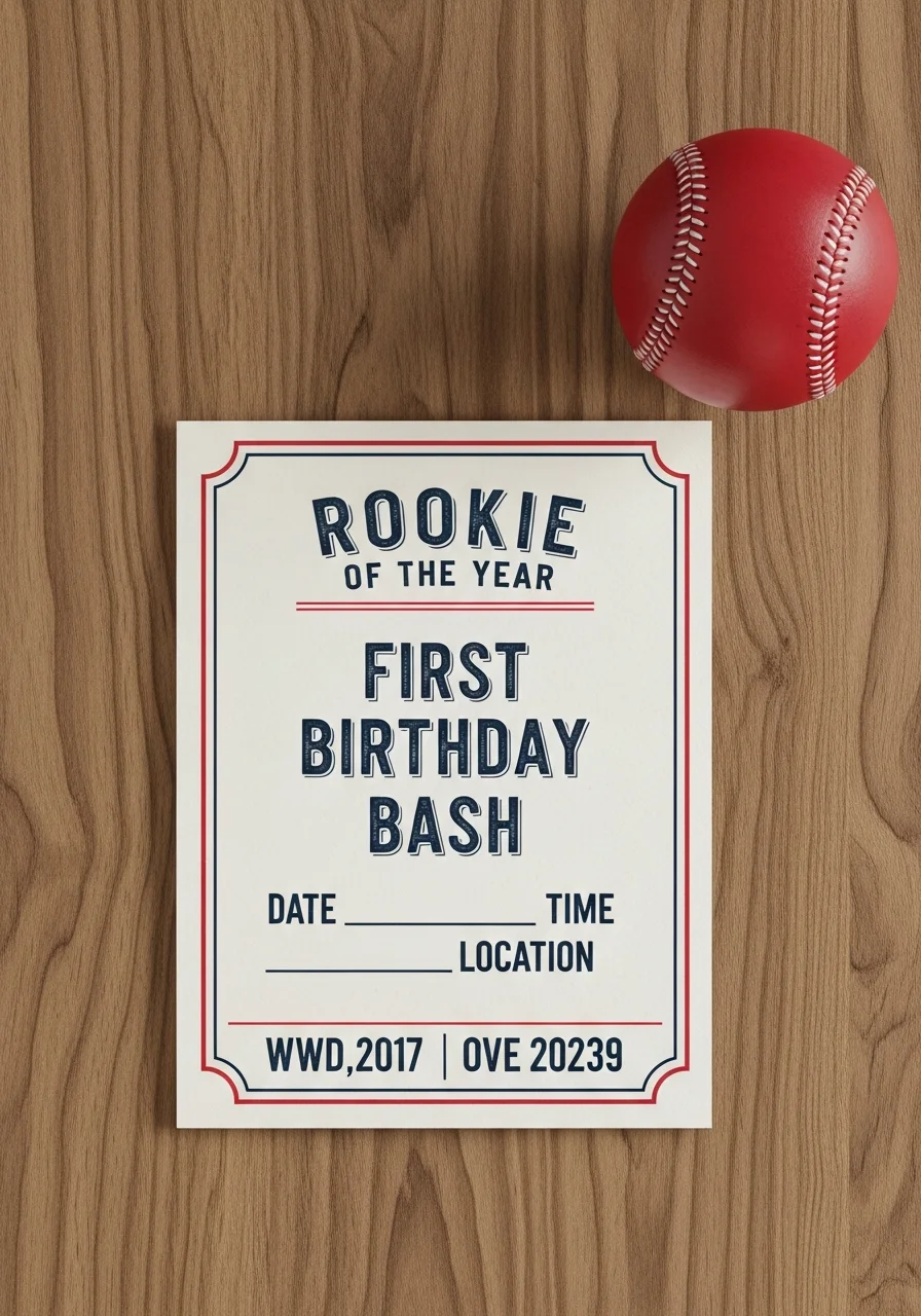Vintage style baseball ticket invitation on a wooden table with a baseball.