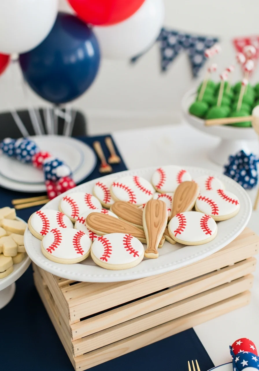 Decorated sugar cookies in baseball and bat shapes.