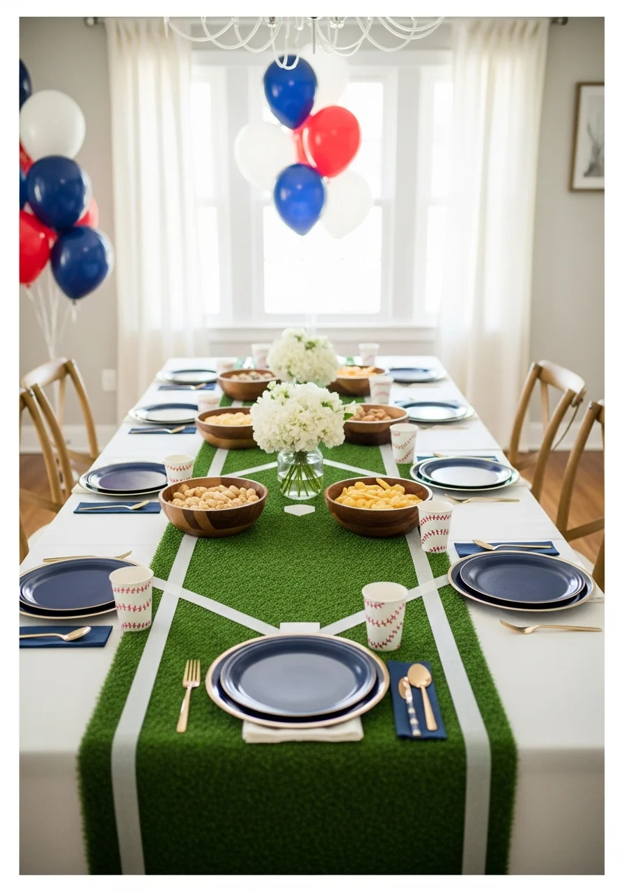 Table setting with a green turf runner and navy blue party supplies.