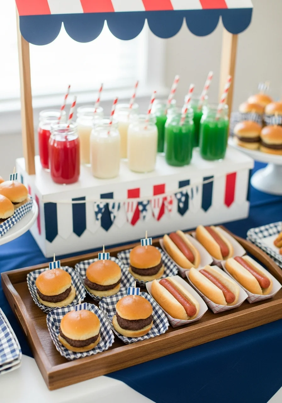 Slider sandwiches and hot dogs in red and white checkered trays.