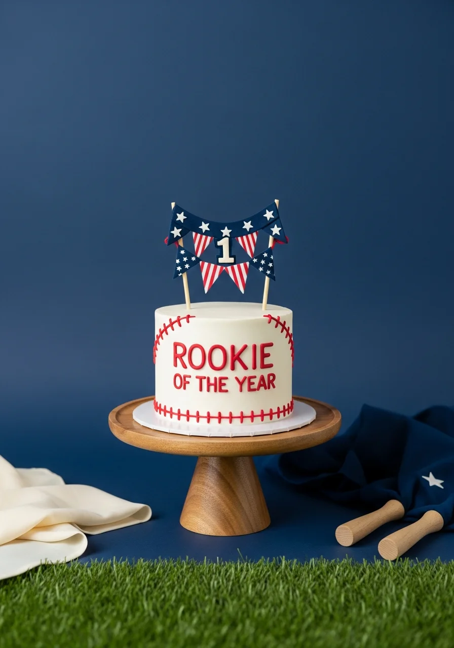 A white smash cake with red baseball stitching on a wooden stand.