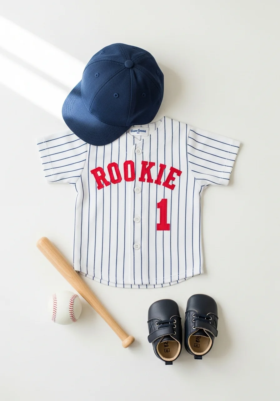 Baby baseball jersey and cap set for a first birthday outfit.