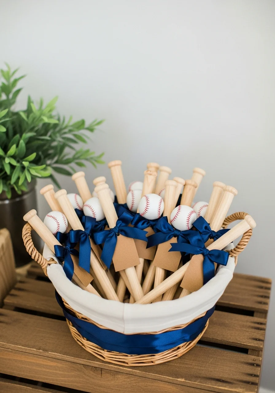 Miniature wooden bats used as party favors in a basket.