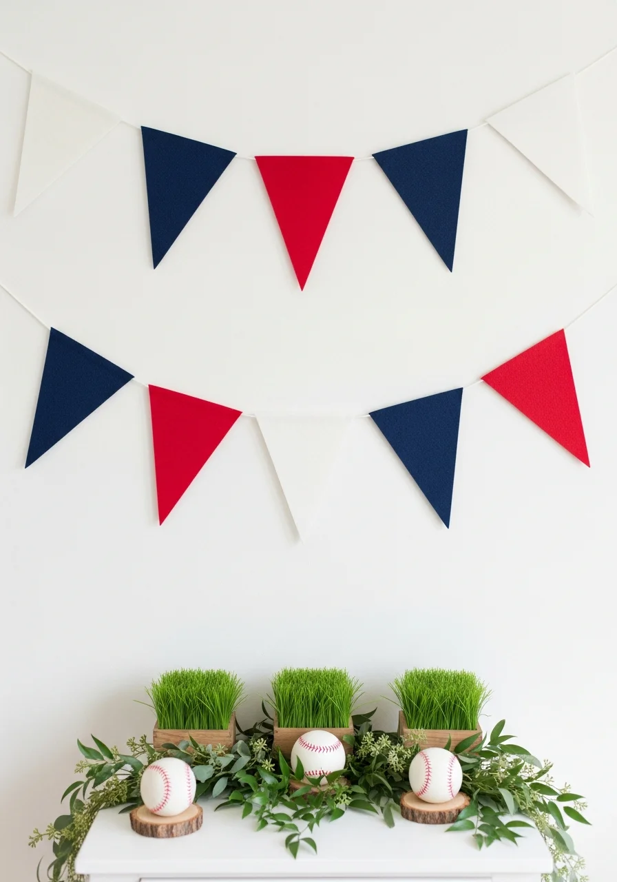Navy and red felt pennant bunting hanging over a party table.