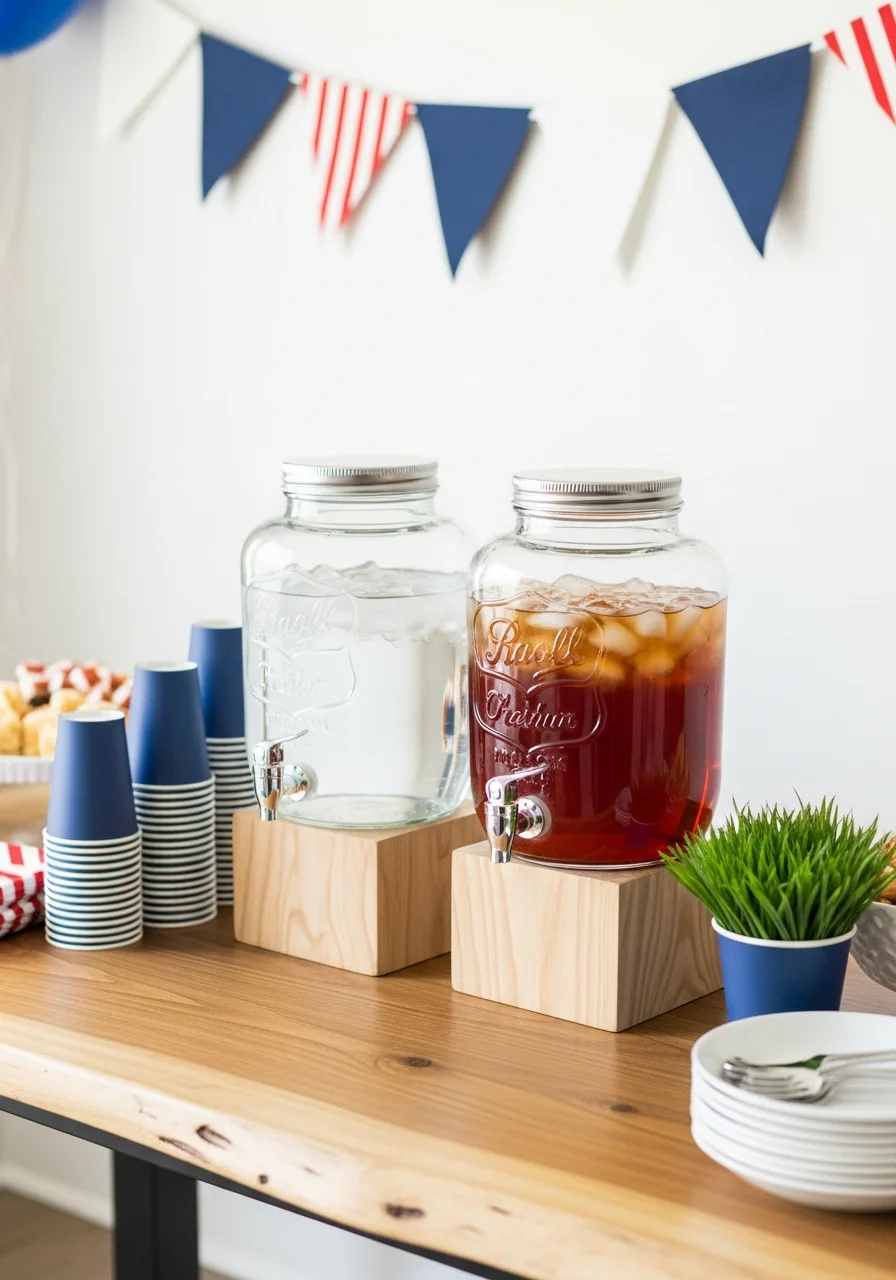 Glass drink dispensers on a wooden table at a baseball party.