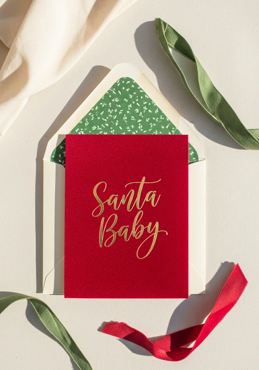 A crimson velvet baby shower invitation with gold foil lettering and a forest green envelope liner.