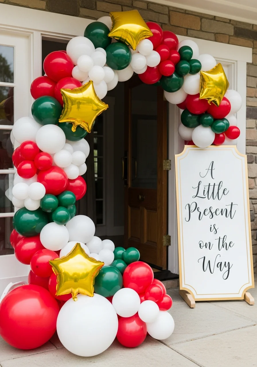 A red and white balloon arch with gold stars and a wooden sign for a baby shower entrance.