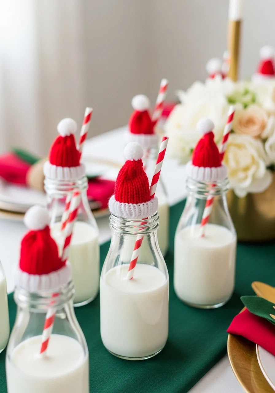 Glass milk bottles with striped straws and miniature knitted Santa hats on the rims.