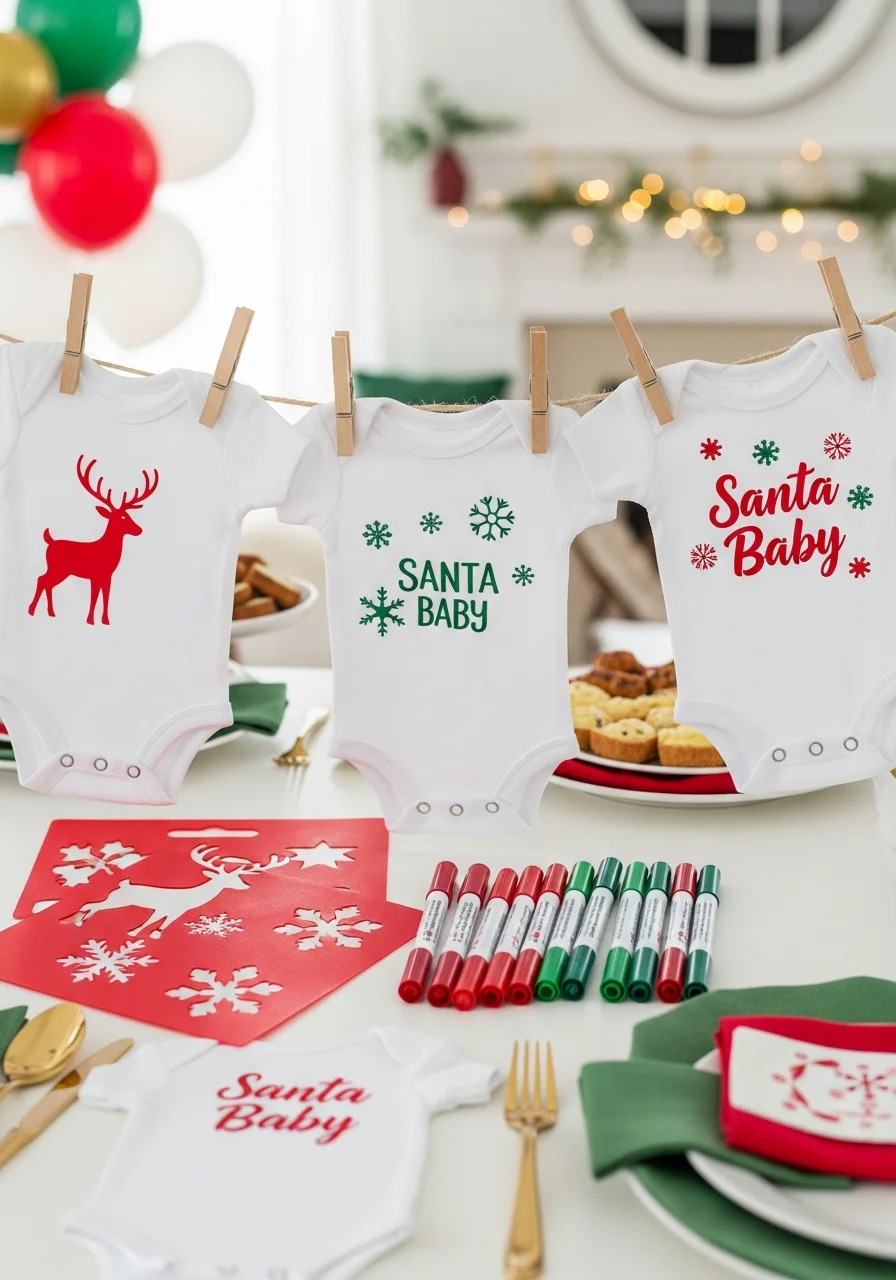 A craft station for decorating baby onesies with festive stencils and fabric markers.